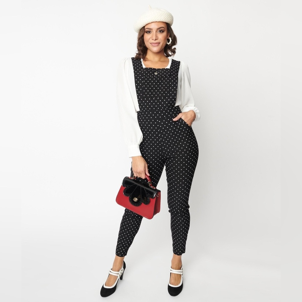 Unique Vintage Black and White Polka Dot Capri Overalls